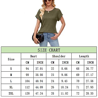 Women's Ribbed Knit Short Sleeve Top Round Neck Casual Dolman Sleeve Blouse