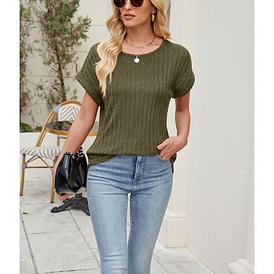 Women's Ribbed Knit Short Sleeve Top Round Neck Casual Dolman Sleeve Blouse