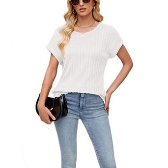 Women's Ribbed Knit Short Sleeve Top Round Neck Casual Dolman Sleeve Blouse