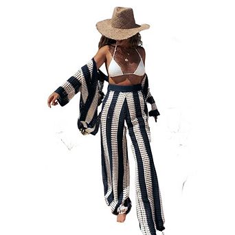 Women's Two Piece Crochet Set V Neck Striped Openwork Shirt and Loose Knit Wide Leg Pants