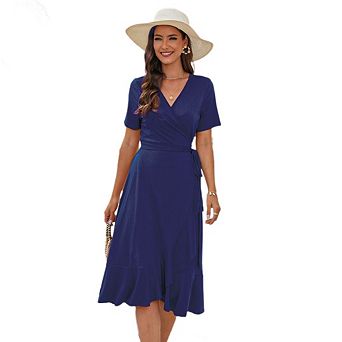 Women's Summer Short Sleeve Tie Casual Dresses V-Neck High Waist Solid Color Ruffle Beach Dress