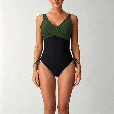 Seoria Womens V Neck Twist Front One Piece Swimsuit With Side Tie Detail
