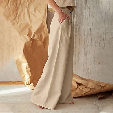 Women's High Waist Wide Leg Pants Casual Button Front Flowy Trousers