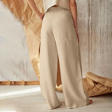 Women's High Waist Wide Leg Pants Casual Button Front Flowy Trousers