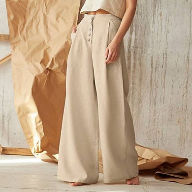 Women's High Waist Wide Leg Pants Casual Button Front Flowy Trousers
