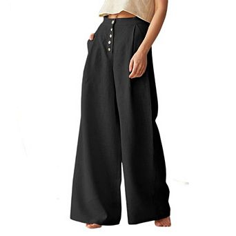 Women's High Waist Wide Leg Pants Casual Button Front Flowy Trousers