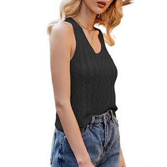 Women's Knit V Neck Knit Vest Casual Sleeveless Ribbed Crop Tank Top