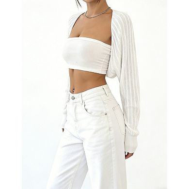 Women's Cropped Knit Shrug Open Front Long Sleeve Bolero Cardigan Top