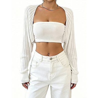 Women's Cropped Knit Shrug Open Front Long Sleeve Bolero Cardigan Top