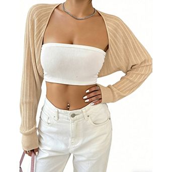 Women's Cropped Knit Shrug Open Front Long Sleeve Bolero Cardigan Top