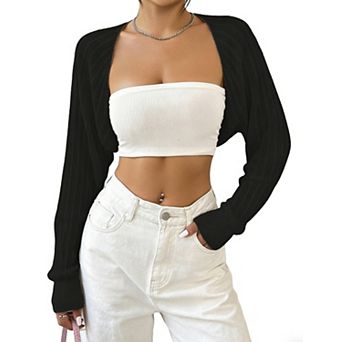 Women's Cropped Knit Shrug Open Front Long Sleeve Bolero Cardigan Top