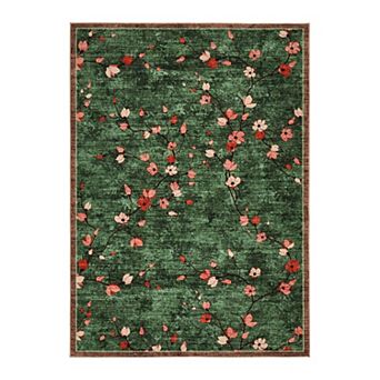Washable Area Rug for Bedroom, Non-Slip Rug, Vintage Floral Low Pile Carpet for Living Room, Bedroom
