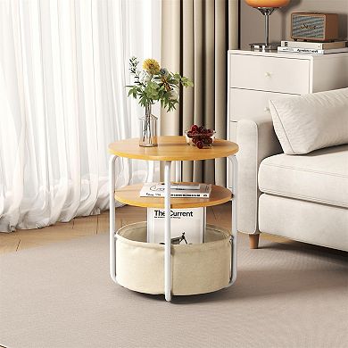 Small Round Side Table with Storage Bag, 3-Tier Accent Round End Table with Storage Functions