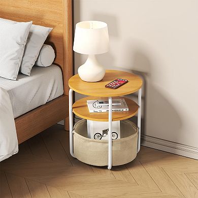 Small Round Side Table with Storage Bag, 3-Tier Accent Round End Table with Storage Functions