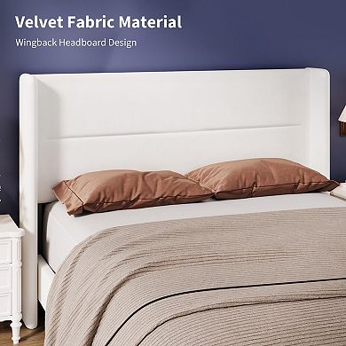 Bed Frame with Wingback Headboard, Velvet Upholstered Platform Bed Frame, No Box Spring Needed
