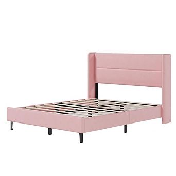 Bed Frame with Wingback Headboard, Velvet Upholstered Platform Bed Frame, No Box Spring Needed