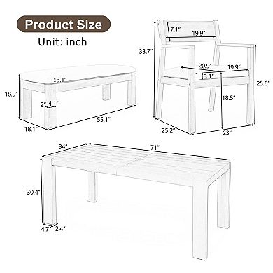 Eazegath 6-Piece Outdoor Wood 71" Rectangular Dining Table Set with 4 Chairs and Bench