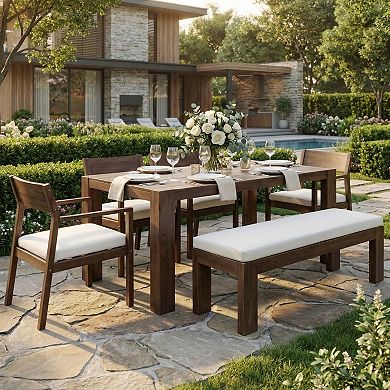 Eazegath 6-Piece Outdoor Wood 71" Rectangular Dining Table Set with 4 Chairs and Bench