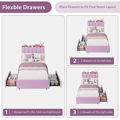 Bed Frame with 2 Storage Drawers, Wavy Headboard, LED Lights, No Box Spring Needed, Easy Assemble