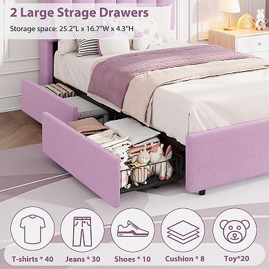 Bed Frame with 2 Storage Drawers, Wavy Headboard, LED Lights, No Box Spring Needed, Easy Assemble