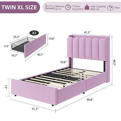 Bed Frame with 2 Storage Drawers, Wavy Headboard, LED Lights, No Box Spring Needed, Easy Assemble