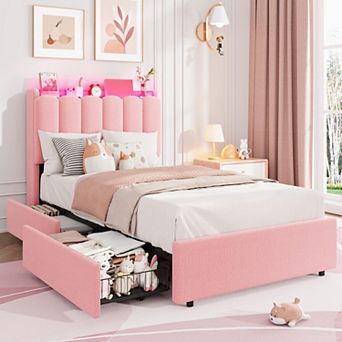 Bed Frame with 2 Storage Drawers, Wavy Headboard, LED Lights, No Box Spring Needed, Easy Assemble