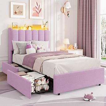 Bed Frame with 2 Storage Drawers, Wavy Headboard, LED Lights, No Box Spring Needed, Easy Assemble
