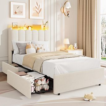 Bed Frame with 2 Storage Drawers, Wavy Headboard, LED Lights, No Box Spring Needed, Easy Assemble