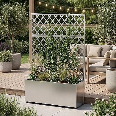 Mobile Galvanized Steel Raised Garden Bed Kit with Trellis & Privacy Screen for Vegetables, Flowers