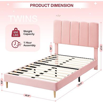 Bed Frame, Upholstered Platform Bed with Wave Headboard for Kids/Girls, Wooden Slats Support