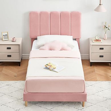 Bed Frame, Upholstered Platform Bed with Wave Headboard for Kids/Girls, Wooden Slats Support