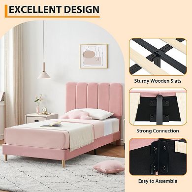 Bed Frame, Upholstered Platform Bed with Wave Headboard for Kids/Girls, Wooden Slats Support