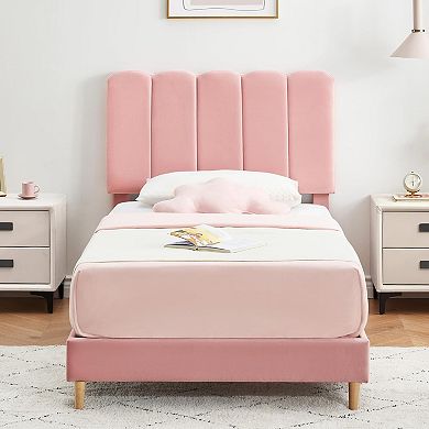 Bed Frame, Upholstered Platform Bed with Wave Headboard for Kids/Girls, Wooden Slats Support