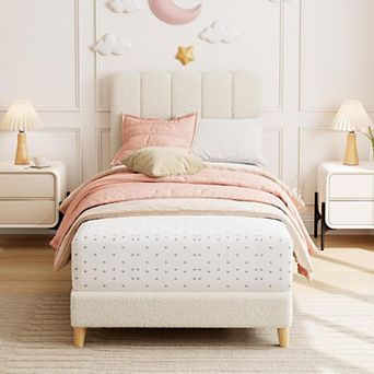 Bed Frame, Upholstered Platform Bed with Wave Headboard for Kids/Girls, Wooden Slats Support