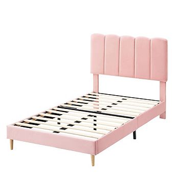 Bed Frame, Upholstered Platform Bed with Wave Headboard for Kids/Girls, Wooden Slats Support