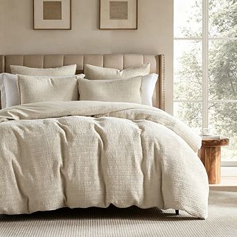 3 pc Queen 100% Cotton Waffle Weave Duvet Cover Set, Beige Honeycomb Textured Bedding