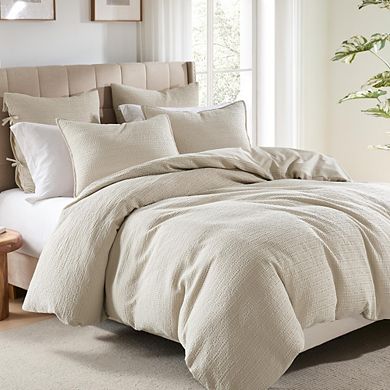 3-Piece Queen 100% Cotton Waffle Weave Duvet Cover Set, Beige Honeycomb Textured Bedding