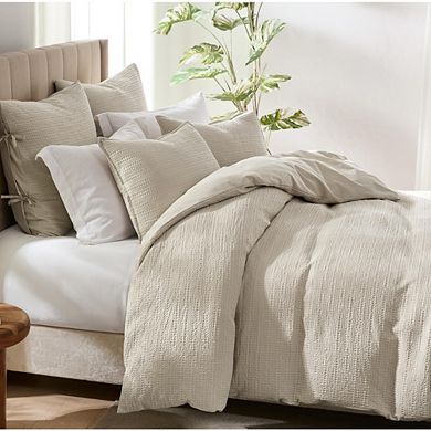 3-Piece Queen 100% Cotton Waffle Weave Duvet Cover Set, Beige Honeycomb Textured Bedding