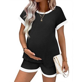 Ekouaer Maternity Pajamas Two Piece Outfits Waffle Knit Short Sleeve Tops and Shorts Loungewear Set