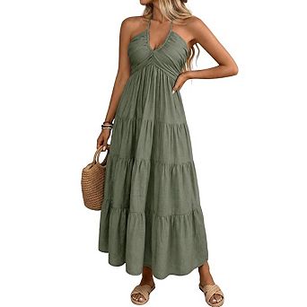 Women's Summer Beach Dresses Backless Solid Color Flowy Vacation Boho Trendy Maxi Sundress