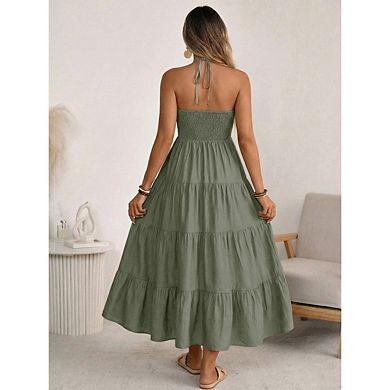 Women's Summer Beach Dresses Backless Solid Color Flowy Vacation Boho Trendy Maxi Sundress