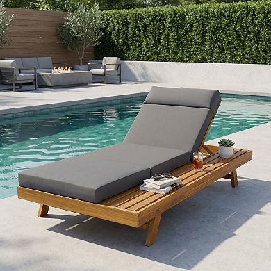 Eazegath Outdoor Wood Adjustable Chaise Lounge Chair with 3-Fold 4'' Thick Cushion and Side Table