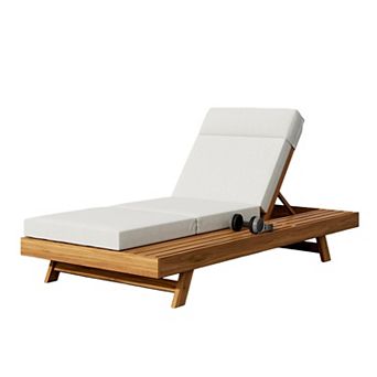Eazegath Outdoor Wood Adjustable Chaise Lounge Chair with 3-Fold 4'' Thick Cushion and Side Table