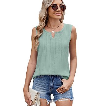 Women's V Neck Chiffon Tank Top Sleeveless Work Office Blouses Pleated Shirts Summer Tanks
