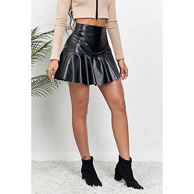 Women's High Waisted Pu Leather Skirt A Line Ruffle Asymmetrical Hem Bodycon Mini Skirt