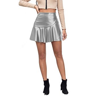 Women's High Waisted Pu Leather Skirt A Line Ruffle Asymmetrical Hem Bodycon Mini Skirt