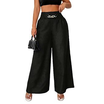 Women's High Waist Wide Leg Pants Casual Elastic Waist Flowy Trousers with Chain Detail