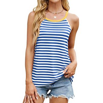 Women's Striped Halter Tank Top, Color Block Neckline Sleeveless Casual Cami