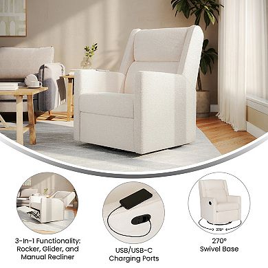 Emma and Oliver Rocking Recliner Glider with USB/USB-C Charging-270° Swivel