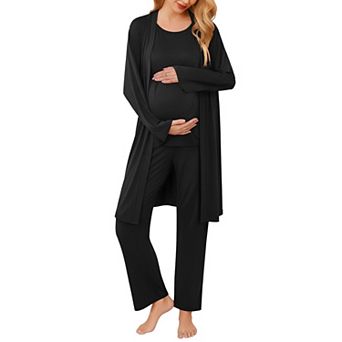 Ekouaer Maternity Nursing Robe Set Three Pieces Top Pregnancy Pants & Robe Double Layer Pajamas